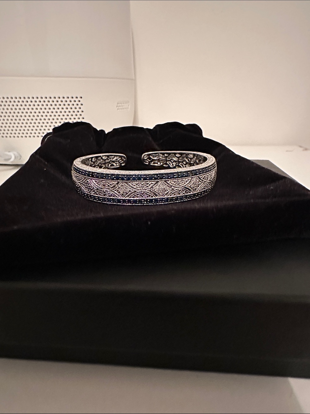 Intricate Silver Cuff Bracelet with Blue Accents - Women Jewelry